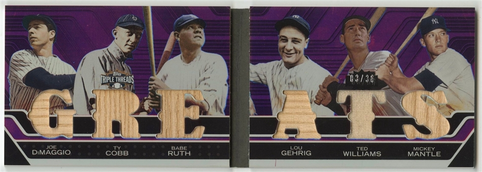 2008 Topps "Triple Threads - Double Combo" Relic Cuts LE "03/36" Card –  Featuring DiMaggio, Cobb, Ruth, Gehrig, Williams and Mantle